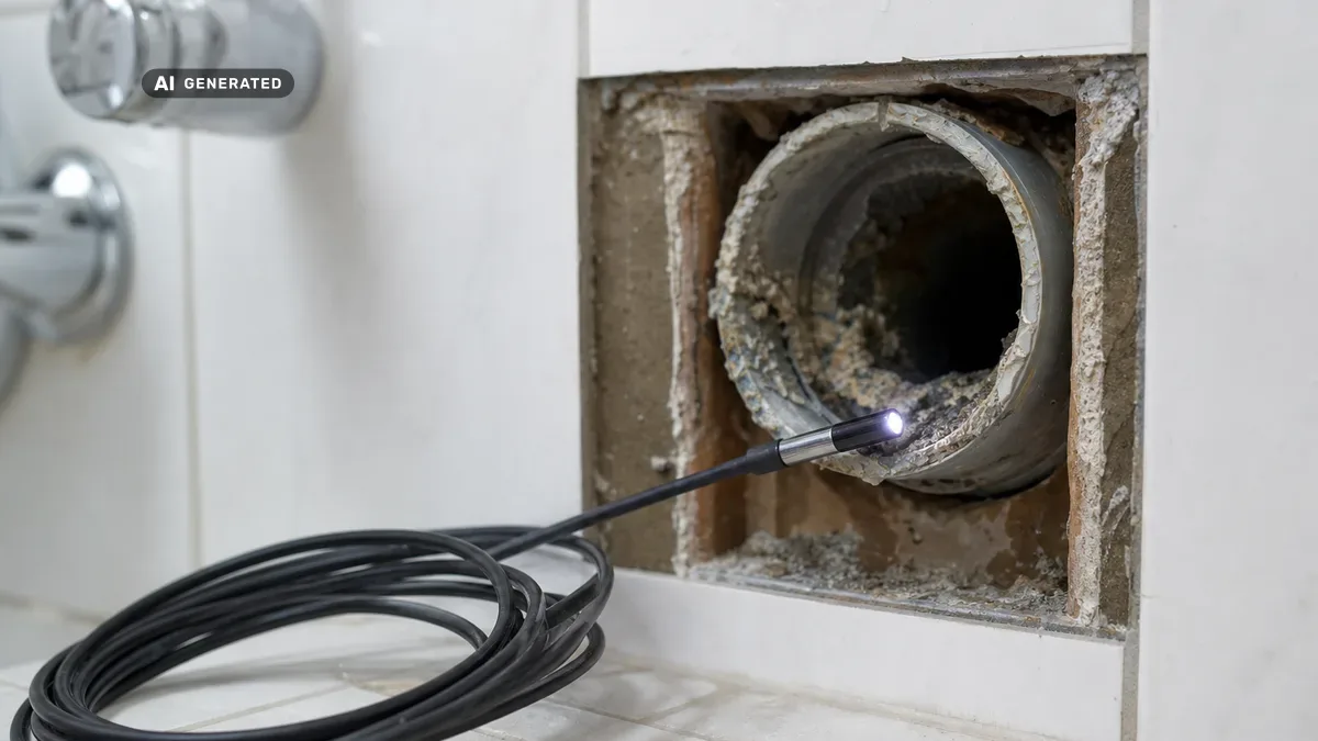 KI-generiertes Bild: Fachmann der Rohrreinigung prüft ein Abflussrohr in der Badezimmerwand mit einer Kamera