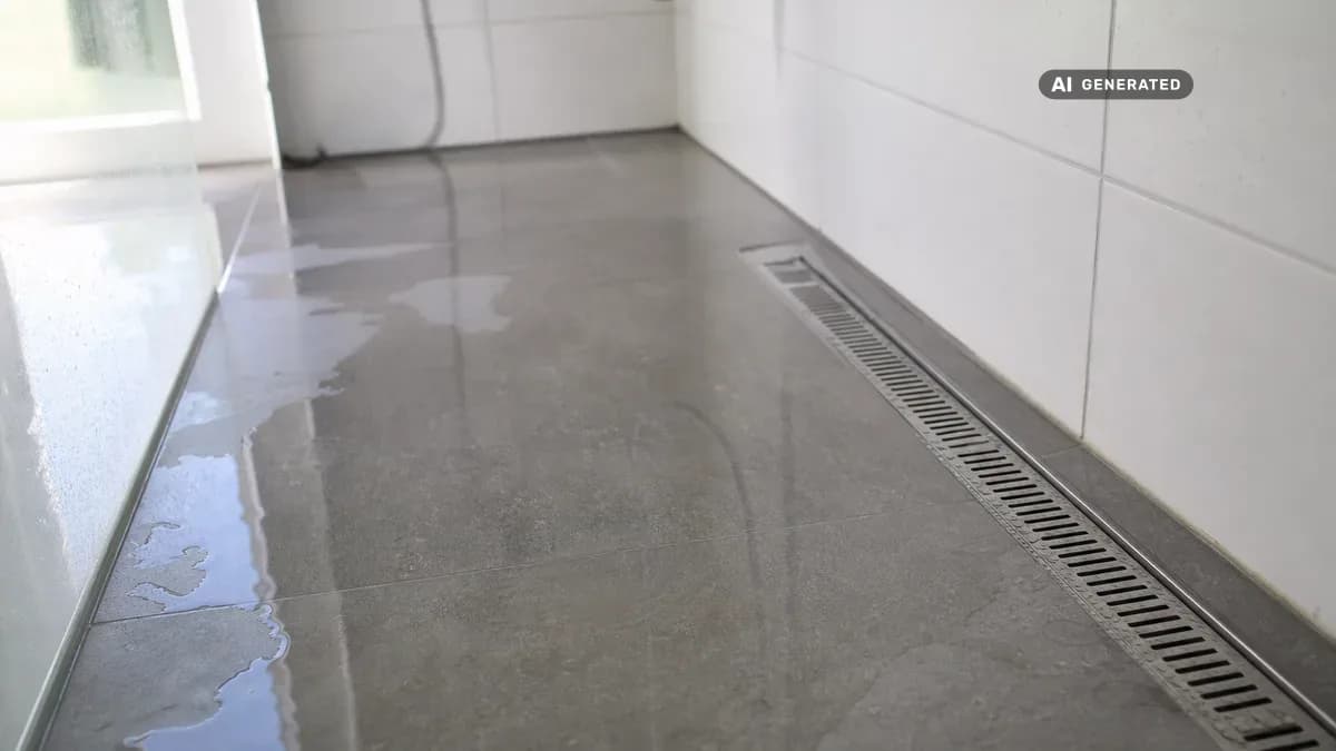 KI-generiertes Bild: In einer modernen ebenerdigen Dusche mit Bodenablauf staut sich das Wasser, weil der Abfluss verstopft ist