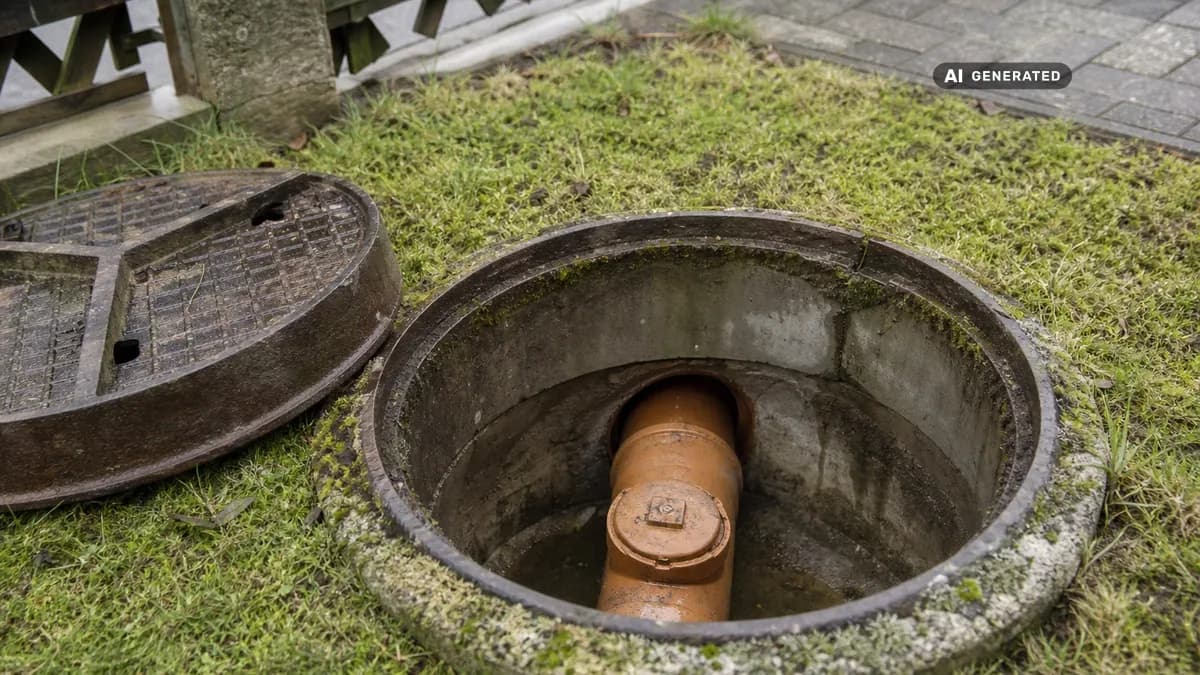 KI-generiertes Bild: Offener Kontrollschacht im Vorgarten eines Einfamilienhauses, in dem die Abwasserleitung nahe der Grundstücksgrenze zu sehen ist
