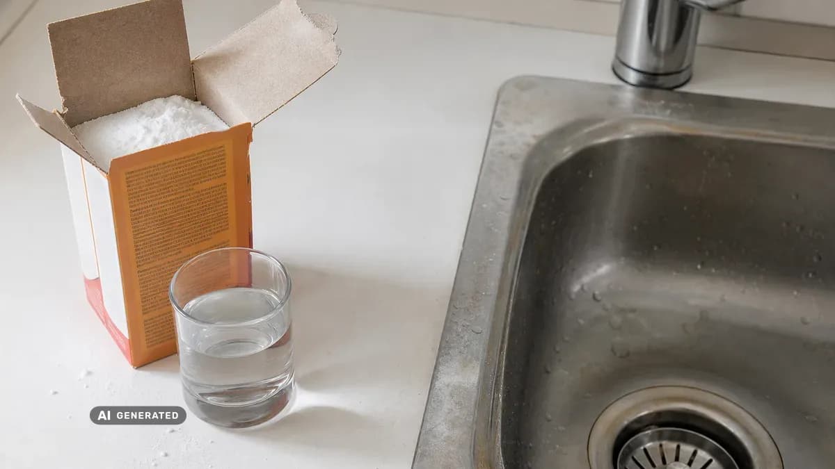 KI-generiertes Bild: Natron und ein Glas Essig neben einem Küchenabfluss als Hausmittel für die Abflussreinigung
