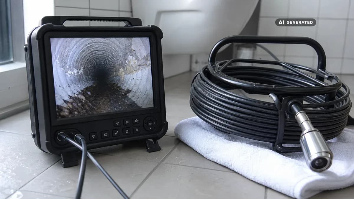KI-generiertes Bild: Monitor mit Live-Übertragung einer Kanalkamera, die das Innere einer Abwasserleitung mit Ablagerungen abbildet