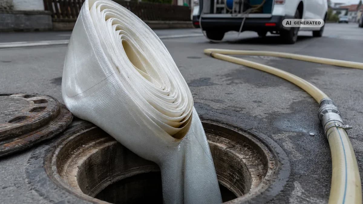 KI-generiertes Bild: Techniker führt einen Schlauchliner über einen offenen Kanalschacht in ein Abwasserrohr ein, im Hintergrund ein Servicefahrzeug