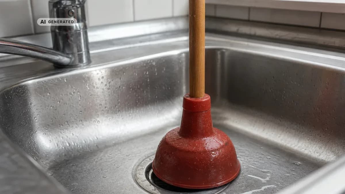 KI-generiertes Bild: Hände setzen eine rote Saugglocke auf den Ablauf eines Küchenspülbeckens, um den Siphon ohne Demontage zu reinigen