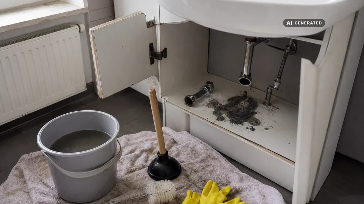 KI-generiertes Bild: Abgeschraubter Flaschensiphon unter einem Waschbecken, davor auf einem Handtuch ein Eimer, eine Saugglocke, eine Flaschenbürste und Gummihandschuhe