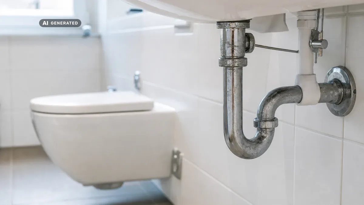 KI-generiertes Bild: Moderne weiße Toilette in einem gefliesten Badezimmer, im Vordergrund der Geruchsverschluss-Siphon unter dem Waschbecken